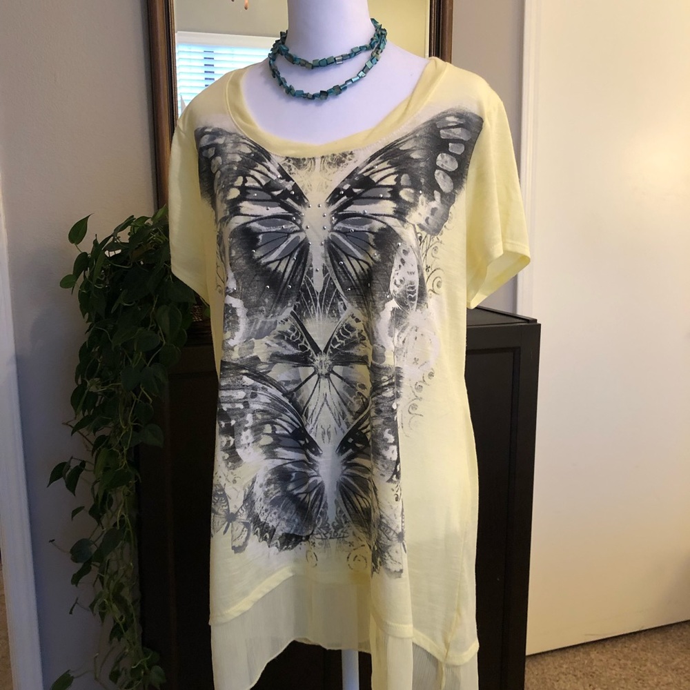 Faded Glory Yellow T-Shirt With Butterfly Design